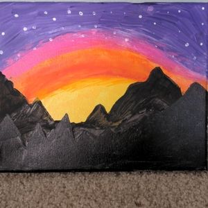 Painting of mountains and horizon
